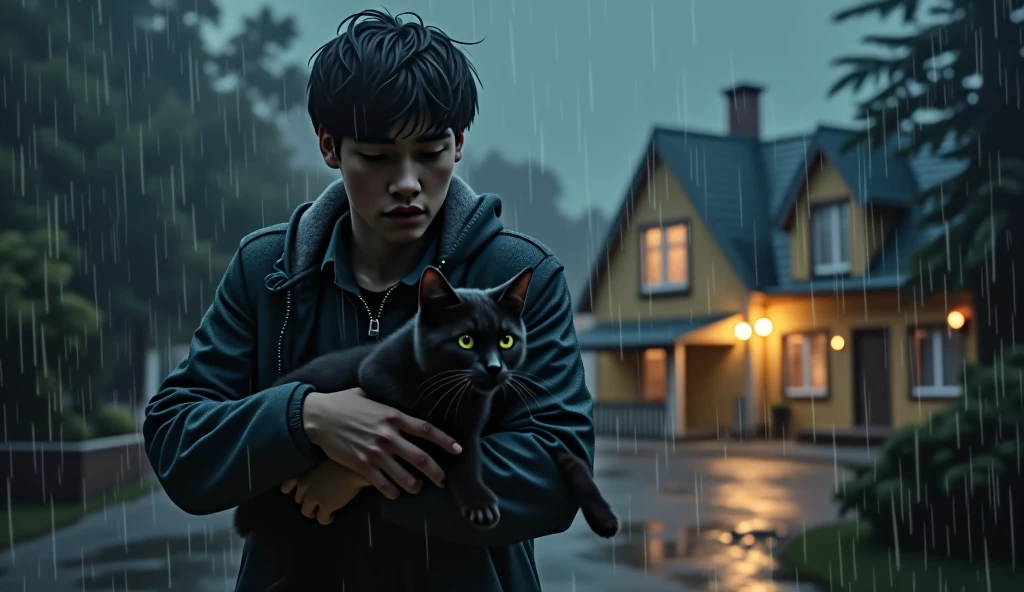 “Sam, holding the small, dark-furred cat in his arms, is rushing through the rain towards a cozy-looking house. His face shows determination as he tries to protect the cat from the rain. The house is warmly lit, inviting them in.”