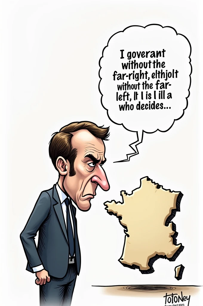 EMMNUEL MACRON regarde avec degout une carte de France et dit, 3crit dans une bulle : " Je gouverne sans RN, sans LFI, c'est moi qui decide"