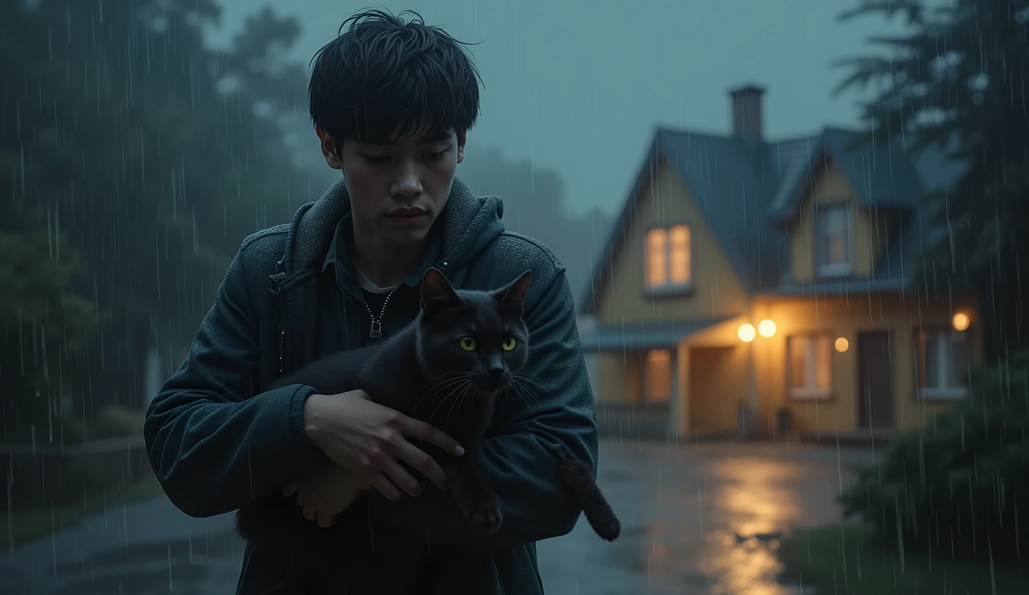 “Sam, holding the small, dark-furred cat in his arms, is rushing through the rain towards a cozy-looking house. His face shows determination as he tries to protect the cat from the rain. The house is warmly lit, inviting them in.”