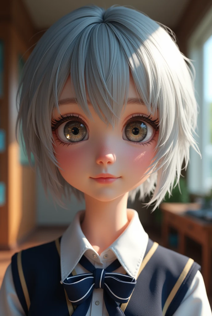a beautiful cutie Nordic girl,droppy eyes,beautiful detailed eyes,charming eyes,extremely detailed and beautiful face,(smile:2.0),flawless transparent skin,ultra short hair,silver hair,(highschool uniform,masterpiece,high resolution,photorealistic,ultra realistic,extremely detailed:2.0),detailed description,vivid colors,studio lighting,physically-based rendering,intricate detail