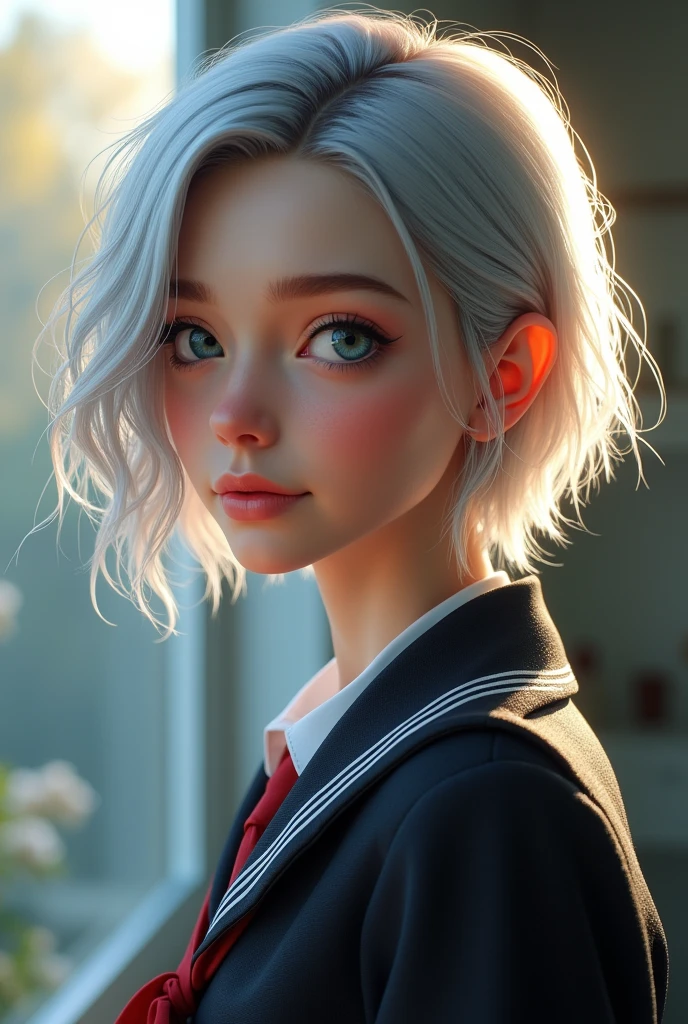 a beautiful cutie Nordic girl,droppy eyes,beautiful detailed eyes,charming eyes,extremely detailed and beautiful face,(smile:2.0),flawless transparent skin,ultra short hair,silver hair,(highschool uniform,masterpiece,high resolution,photorealistic,ultra realistic,extremely detailed:2.0),detailed description,vivid colors,studio lighting,physically-based rendering,intricate detail