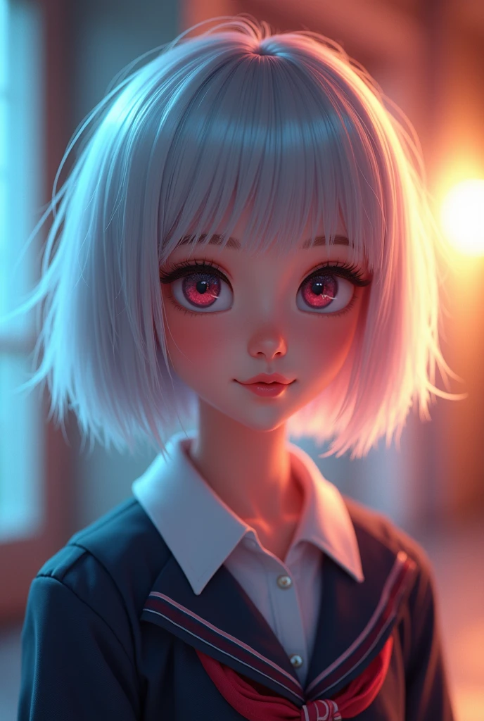 a beautiful cutie Nordic girl,droppy eyes,beautiful detailed eyes,charming eyes,extremely detailed and beautiful face,(smile:2.0),flawless transparent skin,ultra short hair,silver hair,(highschool uniform,masterpiece,high resolution,photorealistic,ultra realistic,extremely detailed:2.0),detailed description,vivid colors,studio lighting,physically-based rendering,intricate detail