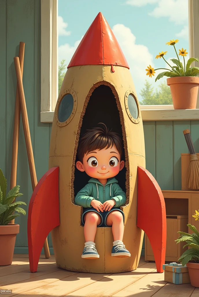 Create a nice illustration of a  playing in a rocket made with cardboard boxes and brooms.