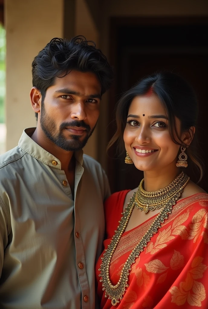 there is a woman in a traditional dress saree, full sleeve blouse, simple jewelery, standing next to a man, film noir lighting, 60mm portrait, 7 0 mm portrait, 50mm portrait, high quality portrait photoshoot, couple portrait, couples portrait, photoshoot portrait, medium portrait soft light, film noir style, posing in dramatic lighting, 7 0 mm. dramatic lighting, colorful ambient goldent hour ligting, soft tone portrait, photoshoot, soft skin touch , RAW photo, face detail Ultra Realistic, indian women skin tone ,cute couple sweet ambience golden hour.