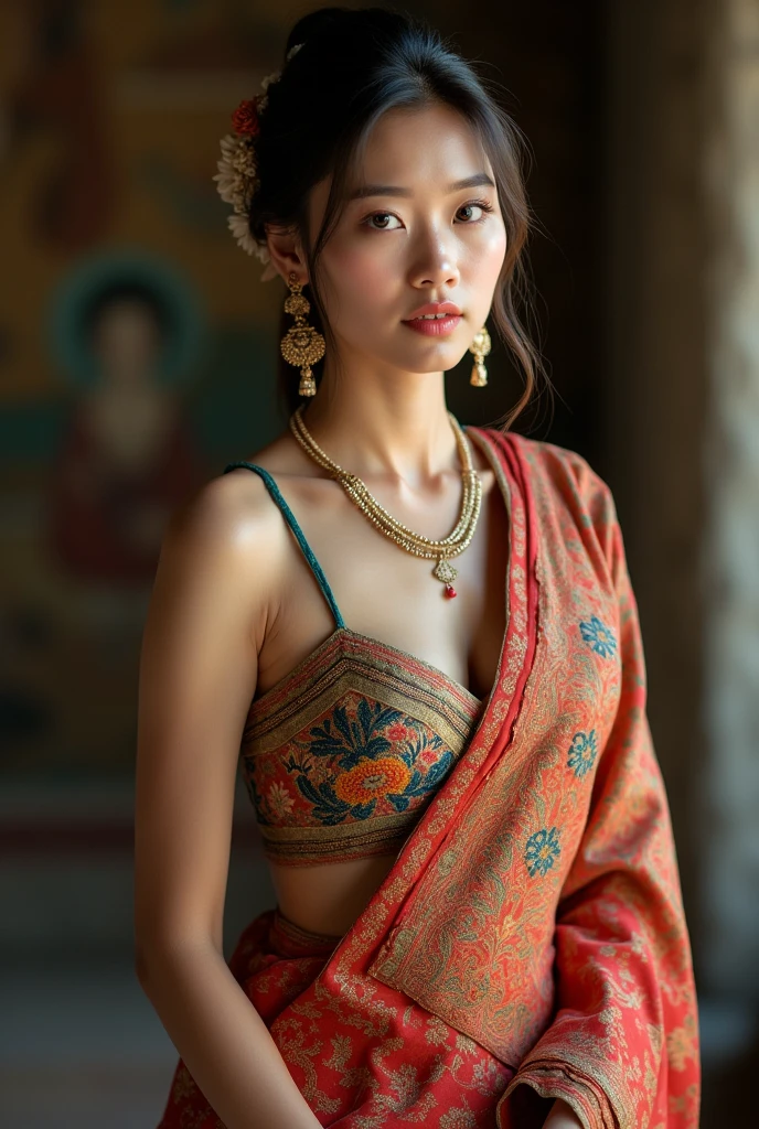 The translation of your sentence into English is:
"A picture of a beautiful Myanmar woman in traditional attire, with a tall, fair complexion, large breasts, and a curvy figure."