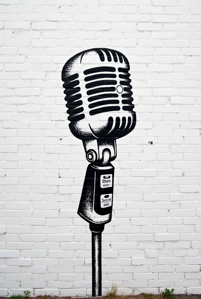 Make a vertical image of a white brick wall with a microphone graffiti drawn on it