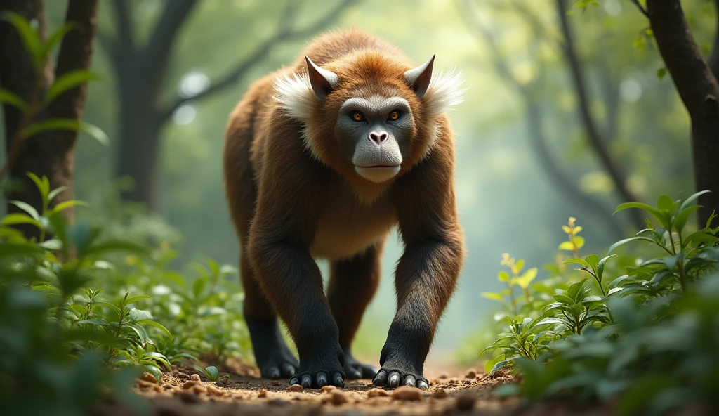 Front view，There is a wild beast in the osmanthus forest，Looks like a brown monkey but has white ears，Walking upright（best quality，4K，8k，High level，masterpiece：1.2），Ultra Detailed，（lifelike，Photo real，Photo real：1.37）