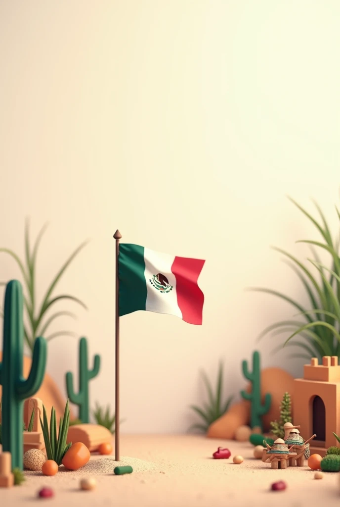 I want a background in neutral colors with small details of the patriotic month of September, but without symbols and without flowers, They can be cacti or things that represent Mexico but with a space in the center and a small Mexican flag., may have corn, typical food, small piñatas, house, mariachi