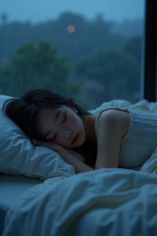 ((best quality)), ((masterpiece)), (detailed), 1girl, sexy,(girl view from above:1.5), Sleeping girl, lying bed,closed eyes,lying bed,teenage girl,long eyelashes girl,midnight sky,landscape, night view,high quality image, whole body,(huge stunning goddess shot, very hot and sexy, jaw-dropping beauty, perfect proportions, beautiful body, slim body beauty:1.4), rainy dark night view through the window,full body,blond girl