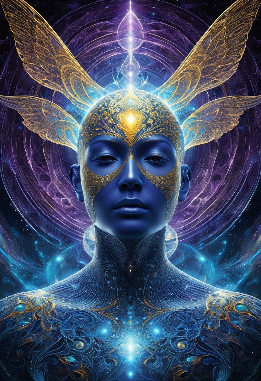 Create a hyper-realistic image of ninth-dimensional beings men, known as light fractals. These beings are composed of pure energy, with ethereal and complex shapes, emanating an intense light in vibrant colors, like sky blue, gold and violet. They have a translucent appearance, with intricate geometric patterns that appear to flow like liquid light. The background should be a cosmic environment, with nebulae and stars that reflect the colors of beings. The image must convey peace, wisdom and higher energy, highlighting the luminous and divine nature of these entities, with a masculine and muscular appearance reminiscent of angels of light.