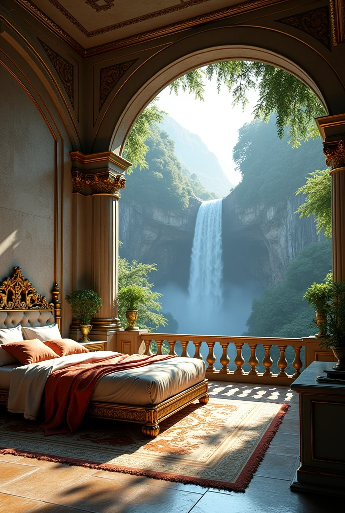 Gorgeous Roman-style mansion bedroom in the woods。A fantastic and mysterious view of the waterfall。bed。