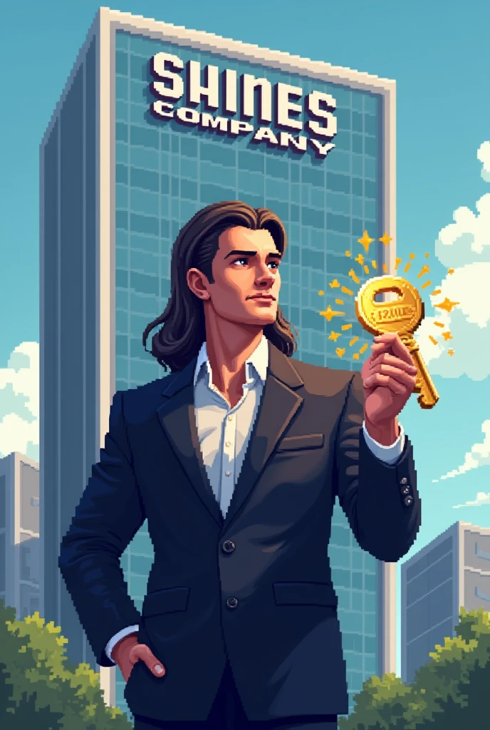 A pixel art style image, with a man in a suit standing in the center of the image. He has long, well-groomed hair., and is holding a shiny key in his right hand, raising it slightly so that the key is the focal point of the image. The key is detailed with intense shine, with little stars of light around, highlighting its importance and value.
Behind the man, there is a building with an imposing facade, and on top of the building, is written "Shines Company" in large, clearly visible letters. The building is designed with details that reflect a modern and sophisticated company..
The background of the image is a clear sky, with few clouds, keeping the focus on the man, in the bright key and in the building. The man&#39;s expression is confident and charismatic, suggesting that he is offering something of great value. The colors of the suit are dark, such as black or navy blue, to contrast with the shine of the key and the company name.