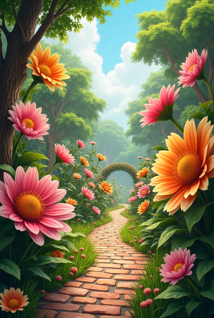 A beautiful garden with many kind huge flowers and bricks for walking tracks