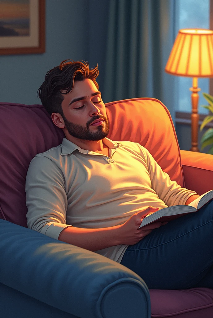 drawn in the form of a colored drawing, a man fell asleep on the couch while reading a book
