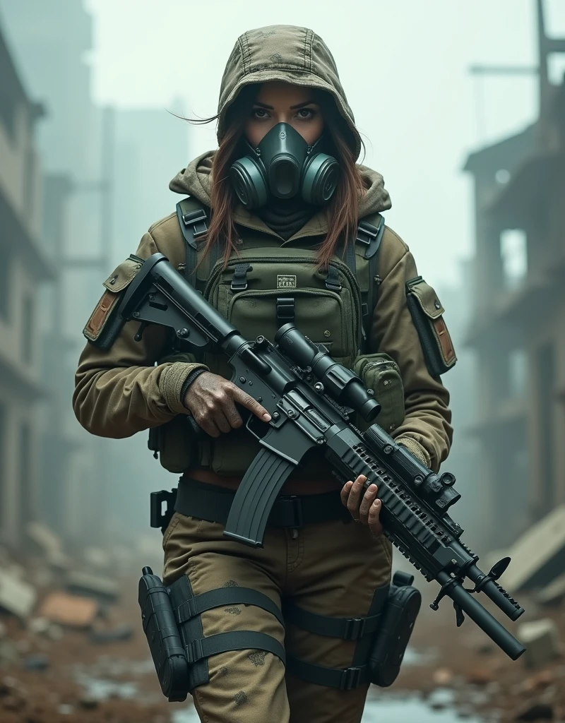 (Photorealism:1.2), beautiful armed woman, A female soldier wearing a gas mask patrols a fog-filled ruin.