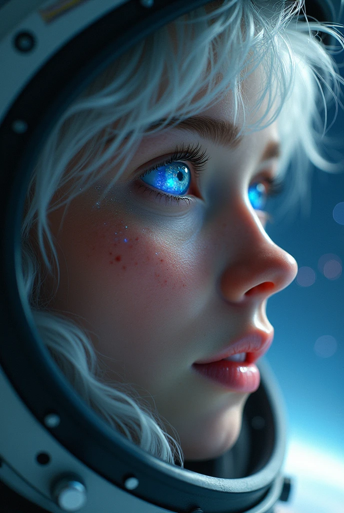 (Close-up of a better masterpiece:1.5)0.9], (Space and astronauts:1.2) (Messy silver hair:1.1) (Heterochromia xanthochromia and blue eyes:1.2) (Space Helmet:1.0) (Colored stars in the eyes:1.0) (A radiant glow:1.1) (thick lips:0.9)