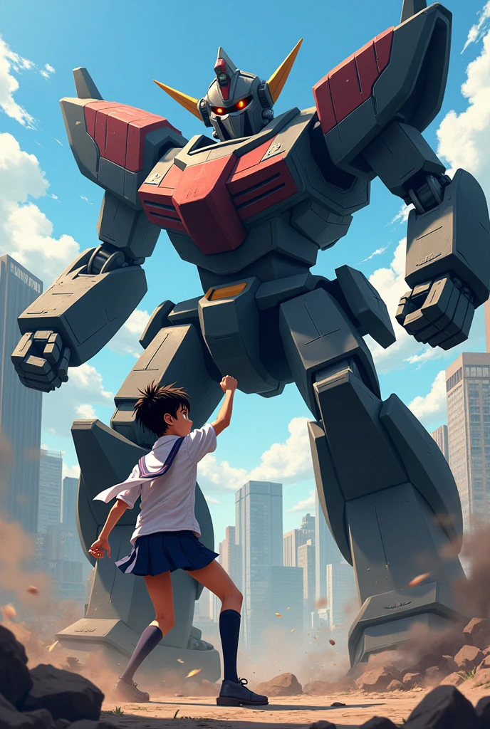 Make a secondary school student punching a giant robot in anime style.
