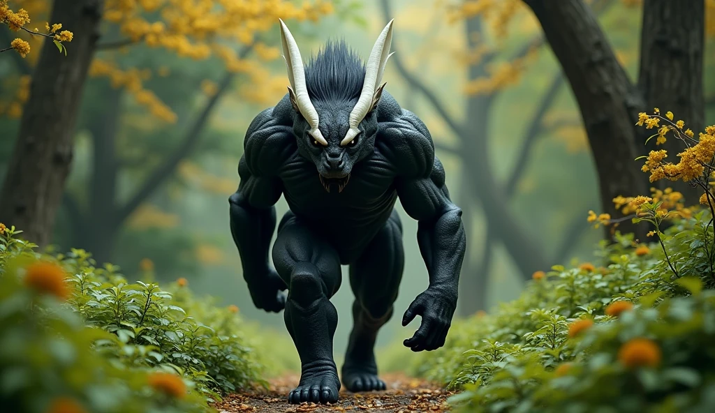There is a wild beast in the osmanthus forest,Looks like a black monkey but has white ears,Walking upright(best quality,4K,8k,High level,masterpiece:1.2),Ultra Detailed,(lifelike,Photo real,Photo real:1.37)