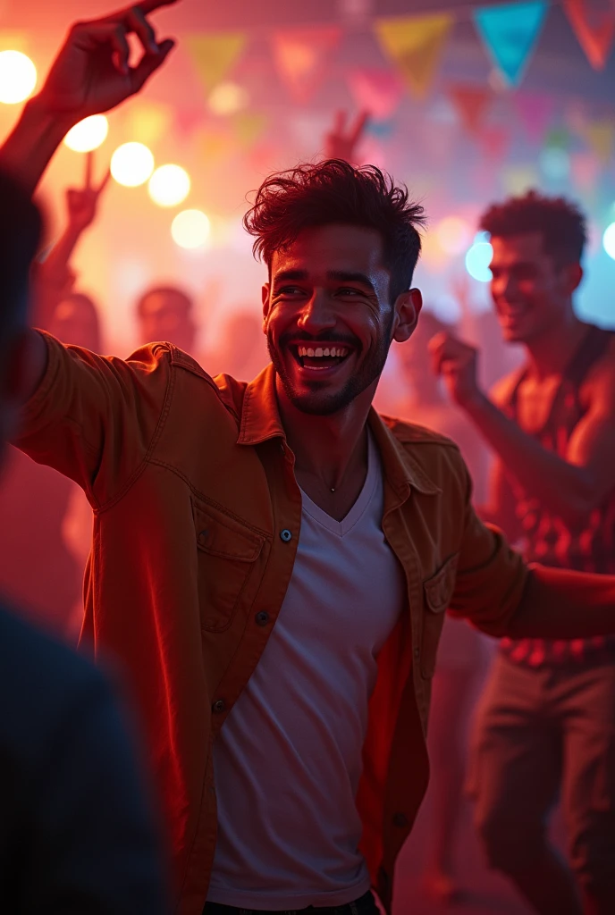 Juan having fun at the party with friends and dancing and laughing