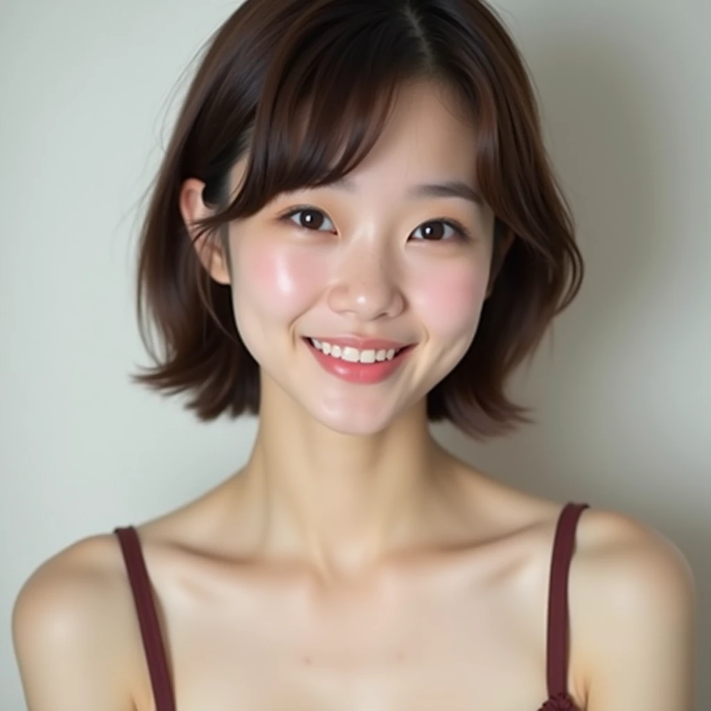 masterpiece,best quality,(Japanese girl),((Beautiful girl)),cleavage,(off shoulder:1.2),indoor,(perfect body beauty:1.2),(shy smile),beautiful teeth,