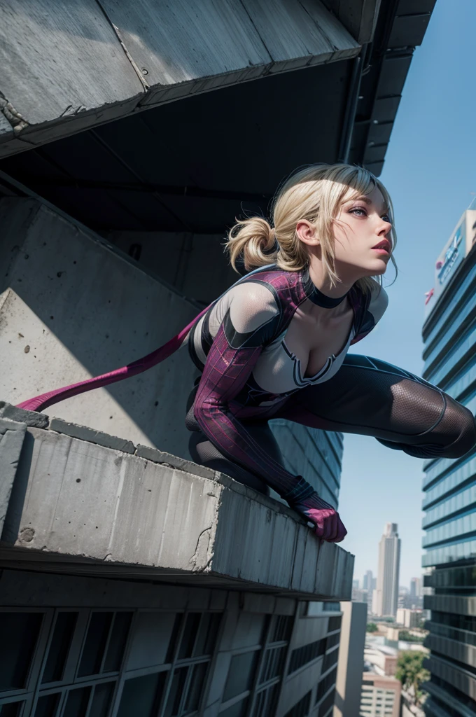 women, latina, with spider suit gwen stacy, climbing a building, ultra realistic, ultra HD, 4k, detailed