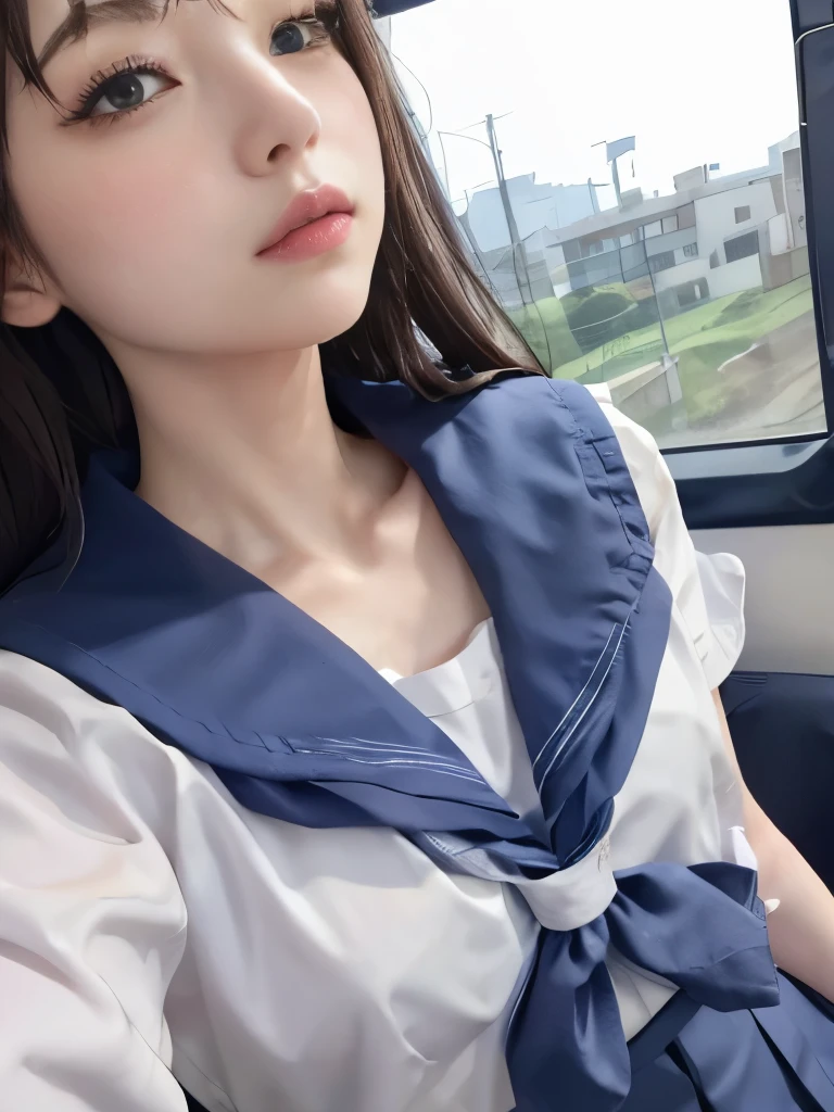 Masterpiece、Highest quality、【lower body focus】、Super detailed、Only from the neck down　画面いっぱいのSailor suit、Sailor suitが近い、Head is cut off　Japanese school girl uniform、Sailor suit、紺色のSailor suit、Pleated skirt、Navy Blue Skirt　Soft thighs　from the neck down focus、View from the neck down、Chest up、Chest close up、Chest close、Get closer to my chest　Train window、countryside