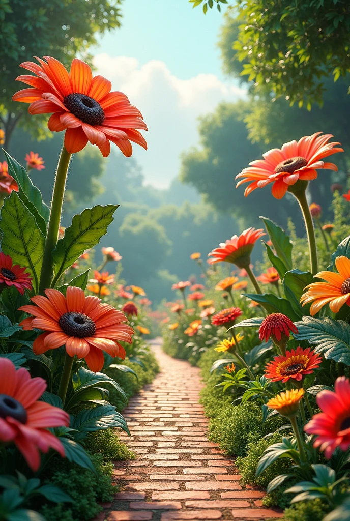 A beautiful garden with many kind huge flowers and bricks for walking tracks