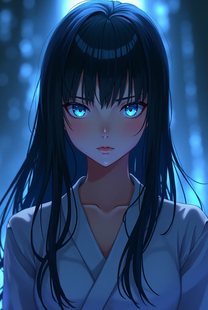 Girl with bright blue eyes, Bblack hair, skin fair, アニメ, estilo Jujutsu Kaisen