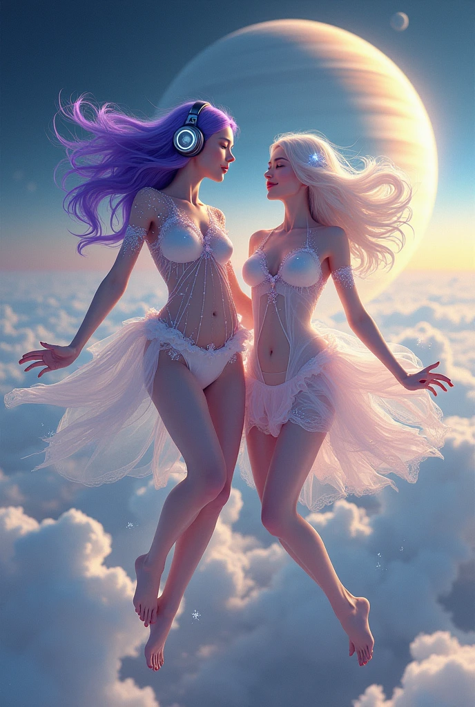 Korean purple hair butterfly woman with headphone and transparent cosmic dust outfit and/ white haired white woman flying over satellites in space galaxy friends two women together