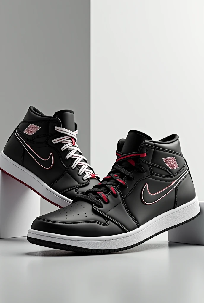 Generates an image of a pair of black Air Jordan sneakers , with the red logo and white soles, one with white laces with red stripes and the other sneakers with black laces with white stripes