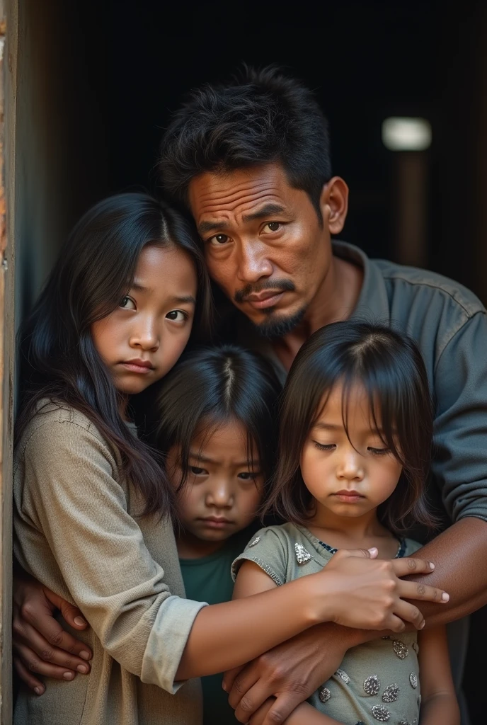Fais une photo d'un homme de 42 ans jeune technicien qui est pauvre avec sa femme et ces enfants triste