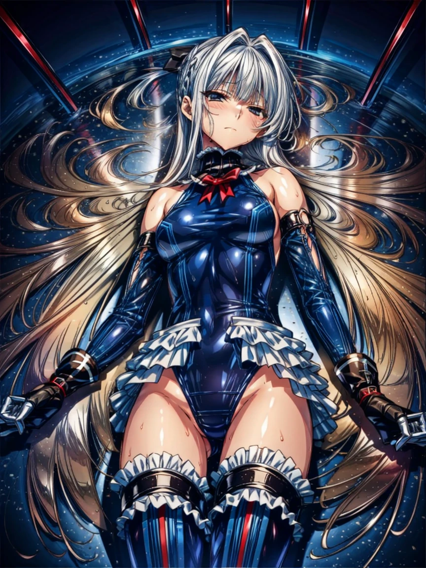 Perfect Anatomy, Highest quality, Rose,,Provocative attitude
(Inside a futuristic base:1.1)(Emotionless,Expressionless:1.4),Anime Style,(Frilled swimsuit, Knee socks, Removed sleeve), (Anime Style:1.4) ,(1 Girl:1.2),
Silver Hair,(White fingers:1.1,Black gloves),Very long hair,evil aura,(Lying on a metal stand:1.4),full body,(My whole body is wet:1.4),(Multiple tubes connected to the body:1.4)