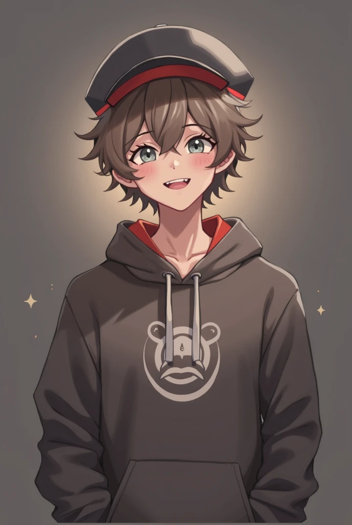 ((A boy)),((Light curly dark brown hair)), ((wearing grey hat)), ((Hat type: Fisherman's hat)), ((Hat flow: grey)), ((Hat design: Simple white smiley face)), ((wearing grey Fisherman's hat with a Simple white smiley face )), ((Brown hair)), ((Race:Hispanic)), ((clothing: Red and black hoodie)), ((wearing a red hoodie)), ((There is nothing on the red hoodie)), (( Basic red hoodie)), ((posture: Make a peace sigh with your hands)),((Happy)), ((Close your eyes)), ((Smile)),((Close your eyes because of Smile)), ((Black pants)), ((Gradient on red and black background)),clothing上画了爱心