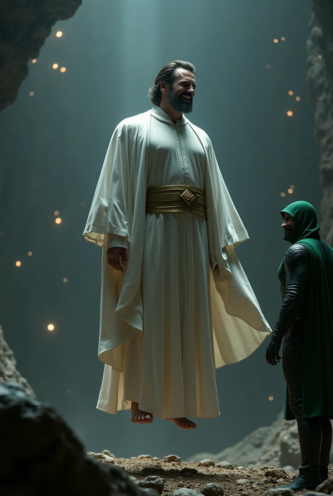 A cinematic medium shot of Henry Cavill with medium hair and beard as Pre-retcon Beyonder in the MCU. He is floating in blackspace and is showing his back to us while we can only see his side face where he gives a villainous laugh with a villainous facial expression. He has a non-muscular build and is wearing a white outfit with full sleeves and a golden sash around his waist with no cape. The background reveals blackish floating space with glowing stars and unique multiverse structures. Doctor Doom in his green outfit and mask is looking at him from the ground while he is floating in the space.Less