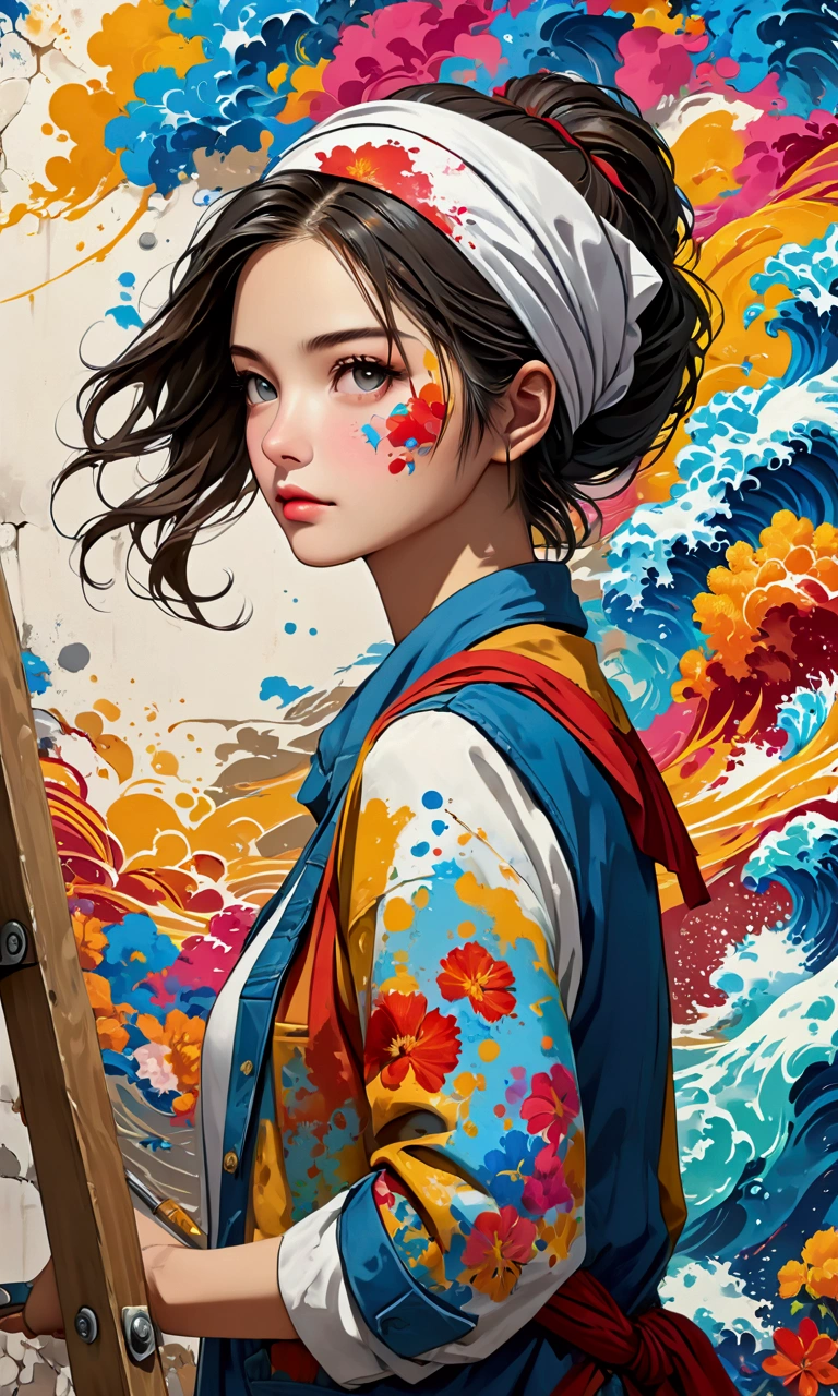 ((Very detailed)),Unbelievably absurd,A woman painting art on the wall,Paint bucket,paintbrush,bandana,Work clothes,stepladder,There is paint everywhere,(((Wall Art))), ((masterpiece, Highest quality, Very detailedCG, unity 8k wallpaper )),(masterpiece, Highest quality, Highest quality, Official Art, beautiful),Very vivid,High-precision images,Ultra-high resolution,Great art,Poster Art,Impressive photos,Graffiti Art Style,Face stained with paint,Looking away,Wave Art.impressive art,beautiful顔,Perfect Face