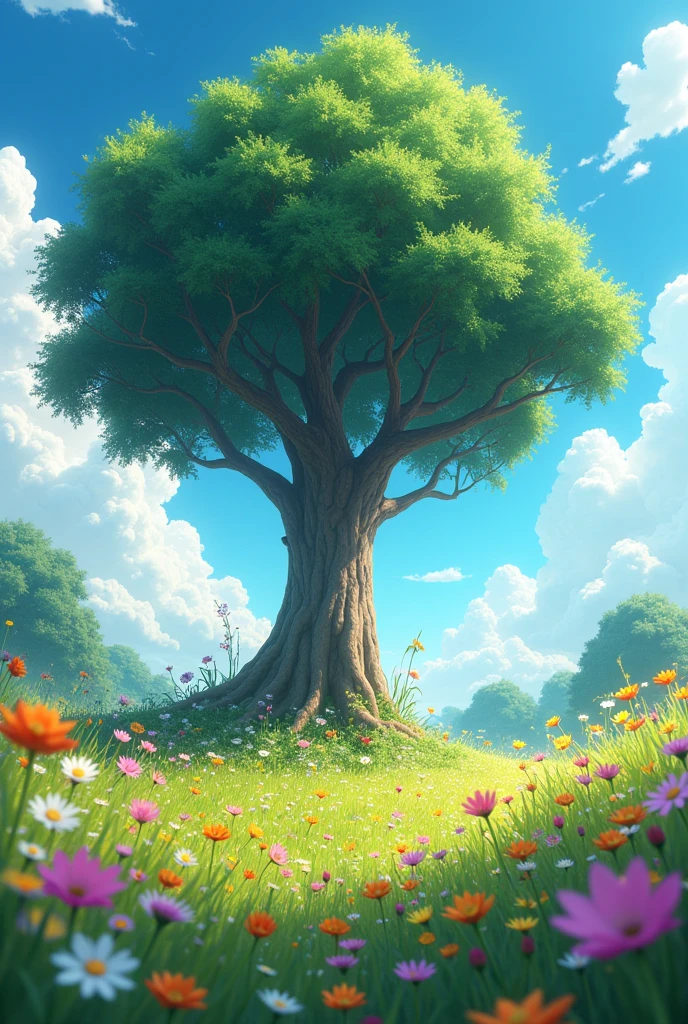 Step into a world of fantasy with this visually descriptive 4K nature wallpaper, inspired by viral anime and rendered in the iconic Pixar 3D style. Lose yourself in the vibrant colors of a lush meadow, filled with wildflowers of every hue. The clear blue sky and fluffy clouds add a touch of whimsy, while a majestic tree stands tall, inviting you to escape into its branches and discover the wonders within.