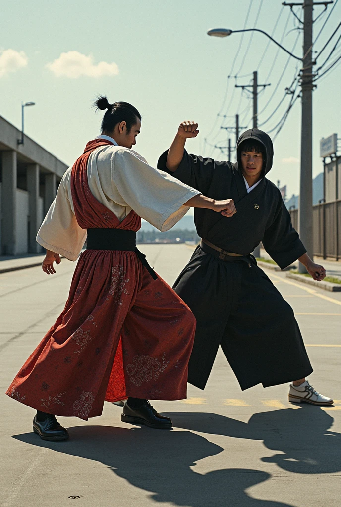 japanese man wearing a kariginu set fighting a thief with a karate punch on an empty parking lot, 
