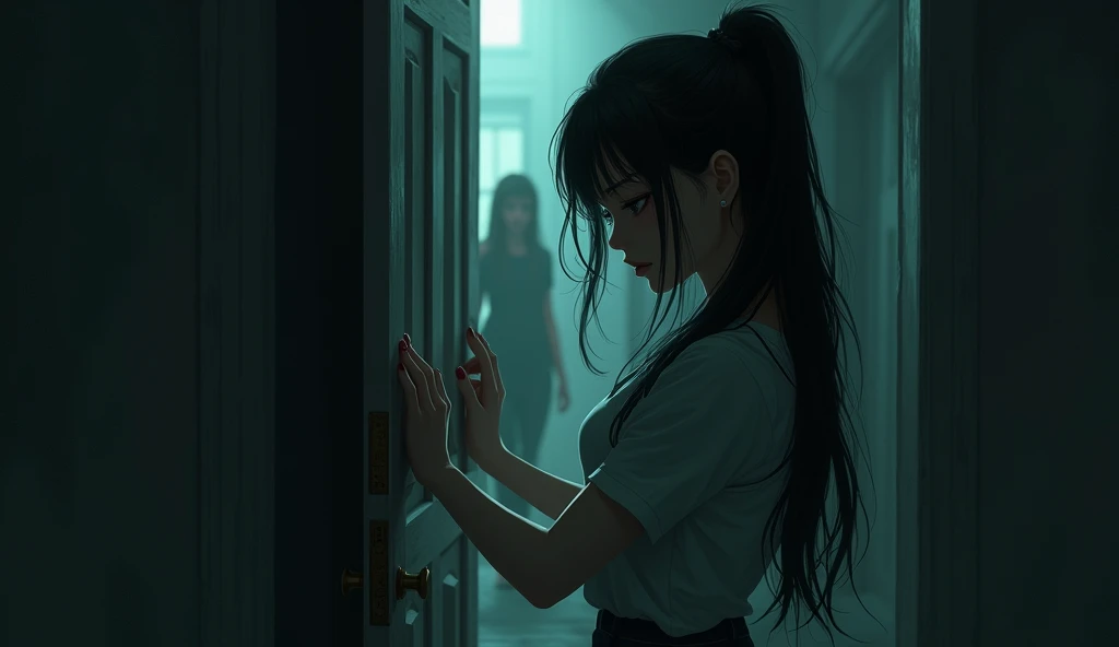 (best quality, masterpiece, ultra detailed), (anime:1.5)、woman is the main character、mysterious、Suspenseful Tone、Dark tones and shadows、A little creepy atmosphere、Surrealism、Dark fantasy、 The scene where the protagonist keeps knocking on the door。Other people々It seems that he is also anxious.。
