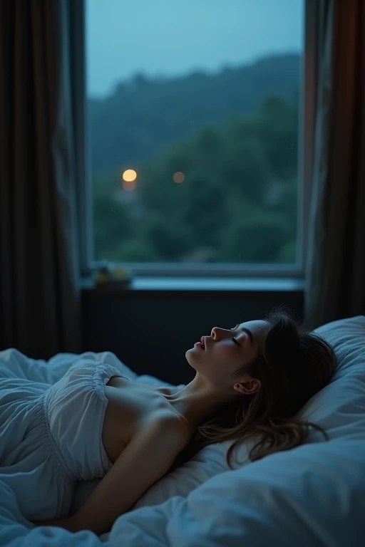 ((best quality)), ((masterpiece)), (detailed), 1girl, sexy,(girl view from above:1.5), Sleeping girl, lying bed,closed eyes,lying bed,20-2s girl,long eyelashes girl,dark night sky, landscape, night view,high quality image, whole body,(huge stunning goddess shot, very hot and sexy, jaw-dropping beauty, perfect proportions, beautiful body, slim body beauty:1.4), rainy dark night view through the window,full body
