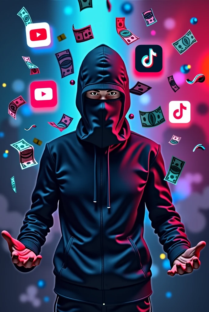 "Create a high-resolution, visually striking course cover image featuring a male figure hiding his face with a mask or covering that makes it difficult to identify his features, ensuring a high level of anonymity. The figure should be positioned dynamically in an action pose to emphasize secrecy. Use a vibrant and colorful background with a gradient or abstract design, incorporating rich, contrasting colors like deep blue, purple, and dark gray to add depth and visual interest, with a highly detailed and vibrant appearance. Place symbols of financial success, such as dollar signs ($), stacks of bills, or currency icons prominently behind the male figure, ensuring they are bold, highly detailed, and sharply contrasted. Integrate images of the TikTok, YouTube, and Kwai app icons into the background with exceptional clarity and resolution, making them large, prominent, and highly visible against the colorful backdrop. Include visual references to video editing, such as camera icons, film reels, or editing software icons (like scissors or a timeline), also in high resolution and vivid detail, subtly blended into the background but remaining clear and detailed. The overall style should be sleek and modern, with a balanced composition that ensures the main subject and thematic elements (money, video editing, and app icons) are visually harmonious and impactful. Avoid any text or written elements. The image should effectively convey the concepts of financial success through video content creation and the presence of popular video platforms while maintaining the theme of anonymity."