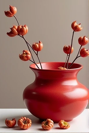 Make a pottery with legumes inside, the vase could have stronger details, the vase can be red
