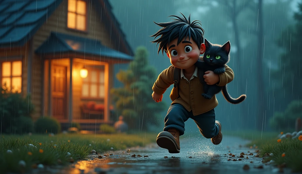 “Sam, holding the small, dark-furred cat in his arms, is rushing through the rain towards a cozy-looking house. His face shows determination as he tries to protect the cat from the rain. The house is warmly lit, inviting them in.”