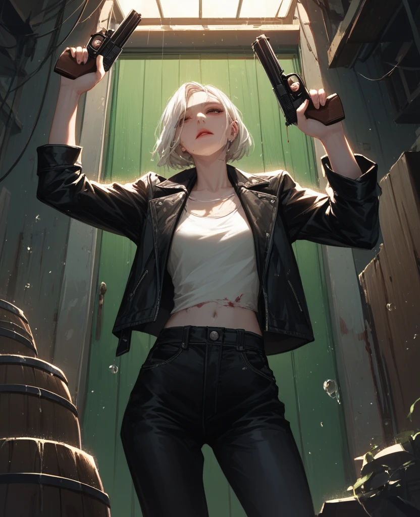 A stunning, anatomically correct, 4K-resolution masterpiece featuring a woman with pale skin and white hair standing against a blood-splattered door in a dimly lit, grungy room. She is wearing a black leather jacket, a revealing top, and dark pants, showcasing impeccable details. The woman is holding two guns, one in each hand, with her arms outstretched, exuding confidence and intensity. The lighting is dramatic, casting a greenish hue over the scene, with rain pouring down inside the room, adding to the eerie atmosphere. The background includes a large barrel and various intricate objects, contributing to the chaotic and intense setting, crafted with super detailing and award-winning quality.