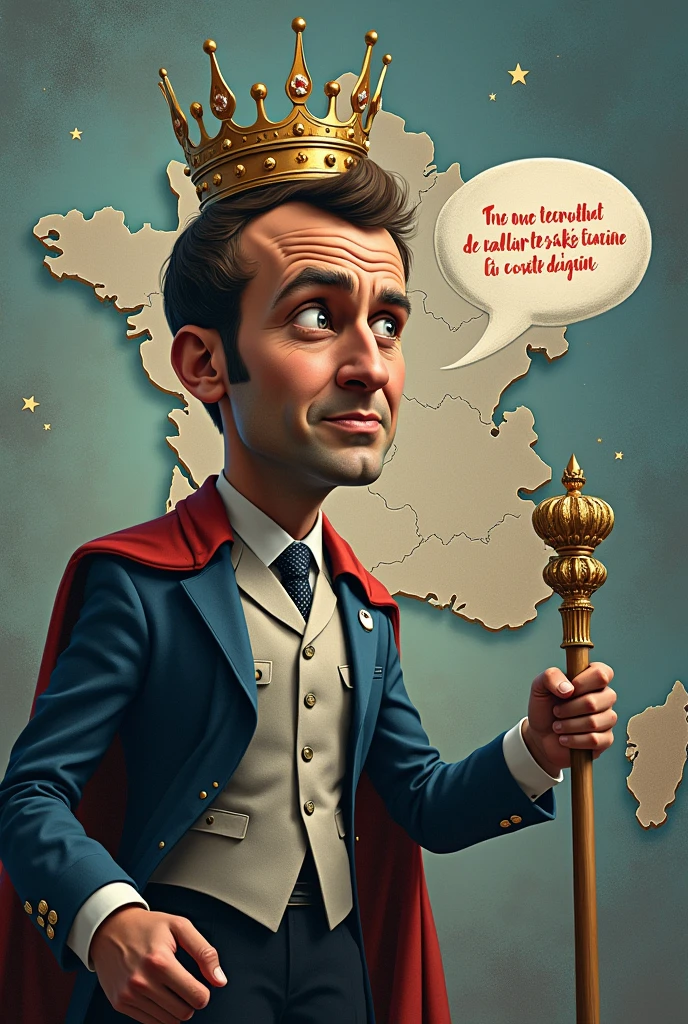 EMMNUEL MACRON regarde avec  degout une carte de France avec un sceptre et une couronne et dit, écrit dans une bulle en Francais  : " Je gouverne sans RN, sans LFI, c'est moi qui decide" 