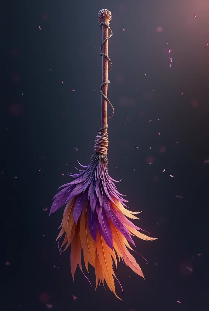 Create a witch's broom with feathers on one end and purple-yellow colors that is fast and long