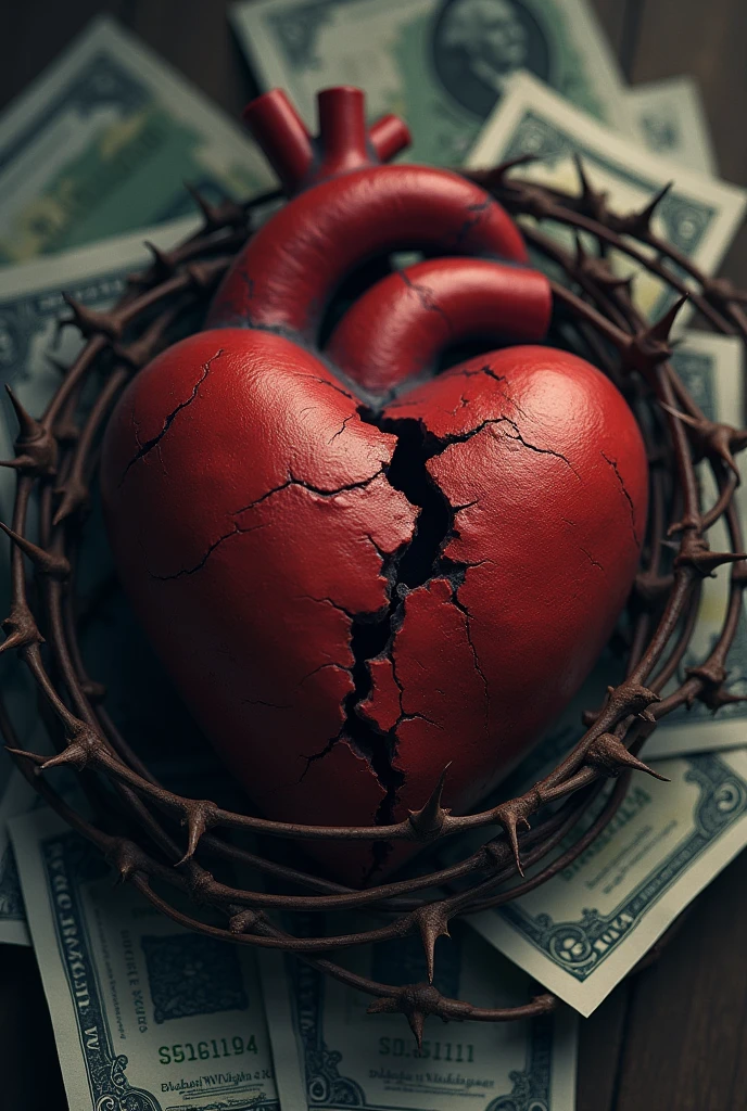 Broken heart with thorns around it, on top of several banknotes