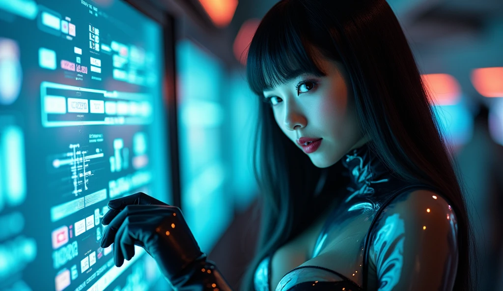 a portrait of a pretty young woman, gundamwingcockpit, futuristic, scifi, plugsuit, transparent latex, goth, dark lips, large breasts, solo, black hair,straight hair, gloves, dutch angle, smirk, controls, joystick, holographic interface, technology, close up, glowing, neon