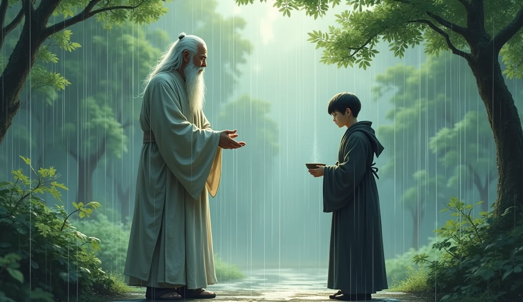 Master Koji and Hiro(an adult boy)watch as rain gently falls over the temple grounds. The rain nourishes the earth, and the trees around them seem to come alive with the moisture. Hiro, in his dark robe, holds a small bowl, catching rainwater as he listens to the master’s teachings. Koji, with his flowing white beard and hair, stands beside him, his light robe dampened by the rain but his spirit undisturbed. The scene captures the interconnectedness of all things, as taught by Koji."