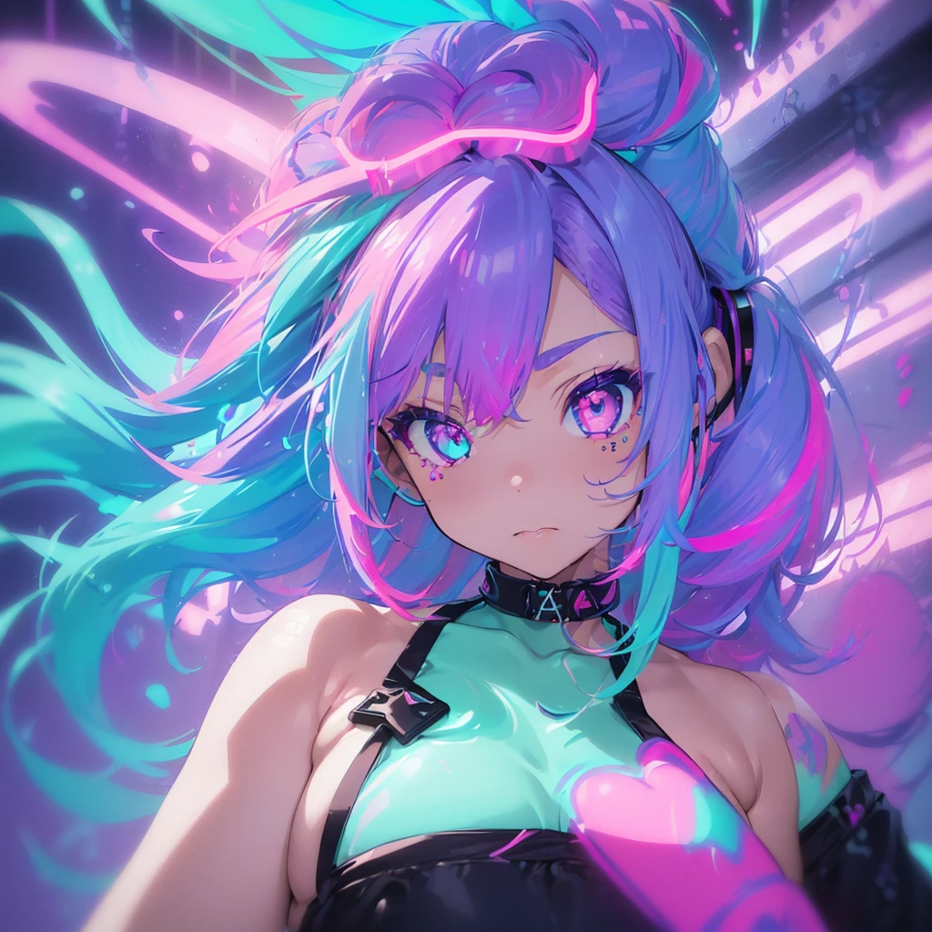 A brightly colored cat-eared anime girl with headphones((Upturned eyes:1.3、Perfect Eyes、Beautifully detailed eyes、Ultra-detailed iridescent deep blue purple eyes:1.1、Gradient eyes:1、Beautiful eyes with fine details:1、Symmetrical eyes:1、Big eye highlights:1.2))、非常にShy、Blushing、(Mouth open)、Sounds anxious、In the game room、((((Light Skin:1.5、Sunburned skin、Light Skin、非常にLight Skin、Bright body))))、Psychedelic Illustration、Psychedelic art style、Neon Color Theme、(((masterpiece)))、(complicated)、8k、Highest quality、(Visual Intensity:1.5)、(((Liquid paint hair:1.1)))、(((Neon purple hair | Neon pink hair | Neon blue hair |Neon Aqua Hair | Purple Hair | Fuchsia Hair | Fluorescent Blue Hair | Amethyst Hair | Neon Hair | Bright pink hair :1.5))), ((Made with paint、Defying Gravity、Thick and flowing)、(Paint splashes:1.3)、(Shiny Hair: 1.3)、(Bright colors)、Dynamic pose、Shy、Central configuration、Scale to fit your dimensions、Three-part method、A body properly covered in paint、Multicolored background、Colorful Themes、Splash paint play、Beautiful light、Colorful light particles、High contrast clothing、Splashes of color、Wall paint colour、complicatedなディテール、Exposure Blending、HDR、(Graffiti art)、more_details:0.5、Have a controller、Have a mouse、Playing a game