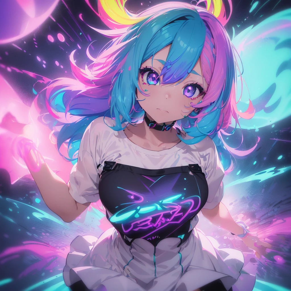 A brightly colored cat-eared anime girl with headphones((Upturned eyes:1.3、Perfect Eyes、Beautifully detailed eyes、Ultra-detailed iridescent deep blue purple eyes:1.1、Gradient eyes:1、Beautiful eyes with fine details:1、Symmetrical eyes:1、Big eye highlights:1.2))、In the game room、((((Light Skin:1.5、Sunburned skin、Light Skin、非常にLight Skin、Bright body))))、Psychedelic Illustration、Psychedelic art style、Neon Color Theme、(((masterpiece)))、(complicated)、8k、Highest quality、(Visual Intensity:1.5)、(((Liquid paint hair:1.1)))、(((Neon purple hair | Neon pink hair | Neon blue hair |Neon Aqua Hair | Purple Hair | Fuchsia Hair | Fluorescent Blue Hair | Amethyst Hair | Neon Hair | Bright pink hair :1.5))), ((Made with paint、Defying Gravity、Thick and flowing)、(Paint splashes:1.3)、(Shiny Hair: 1.3)、(Bright colors)、Shy、Central configuration、Scale to fit your dimensions、Three-part method、A body properly covered in paint、Multicolored background、Colorful Themes、Splash paint play、Beautiful light、Colorful light particles、High contrast clothing、Splashes of color、Wall paint colour、complicatedなディテール、Exposure Blending、HDR、(Graffiti art)、more_details:0.5、Have a controller、Have a mouse、Playing a game